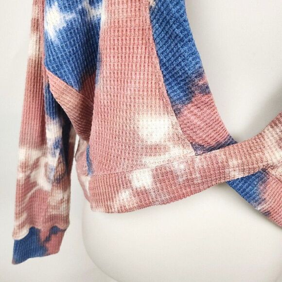 CLOUD CHASER Tie Dye Waffle Knit Long Sleeve Cozy Crop Top Open Back Womens M - Picture 5 of 7